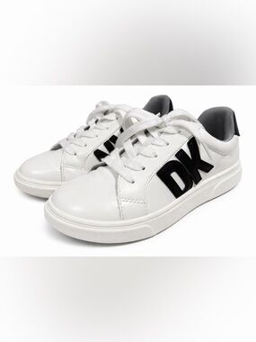 DKNY Kids White Sneakers Black Logo Lace-Up Casual Shoes Size 2 Youth